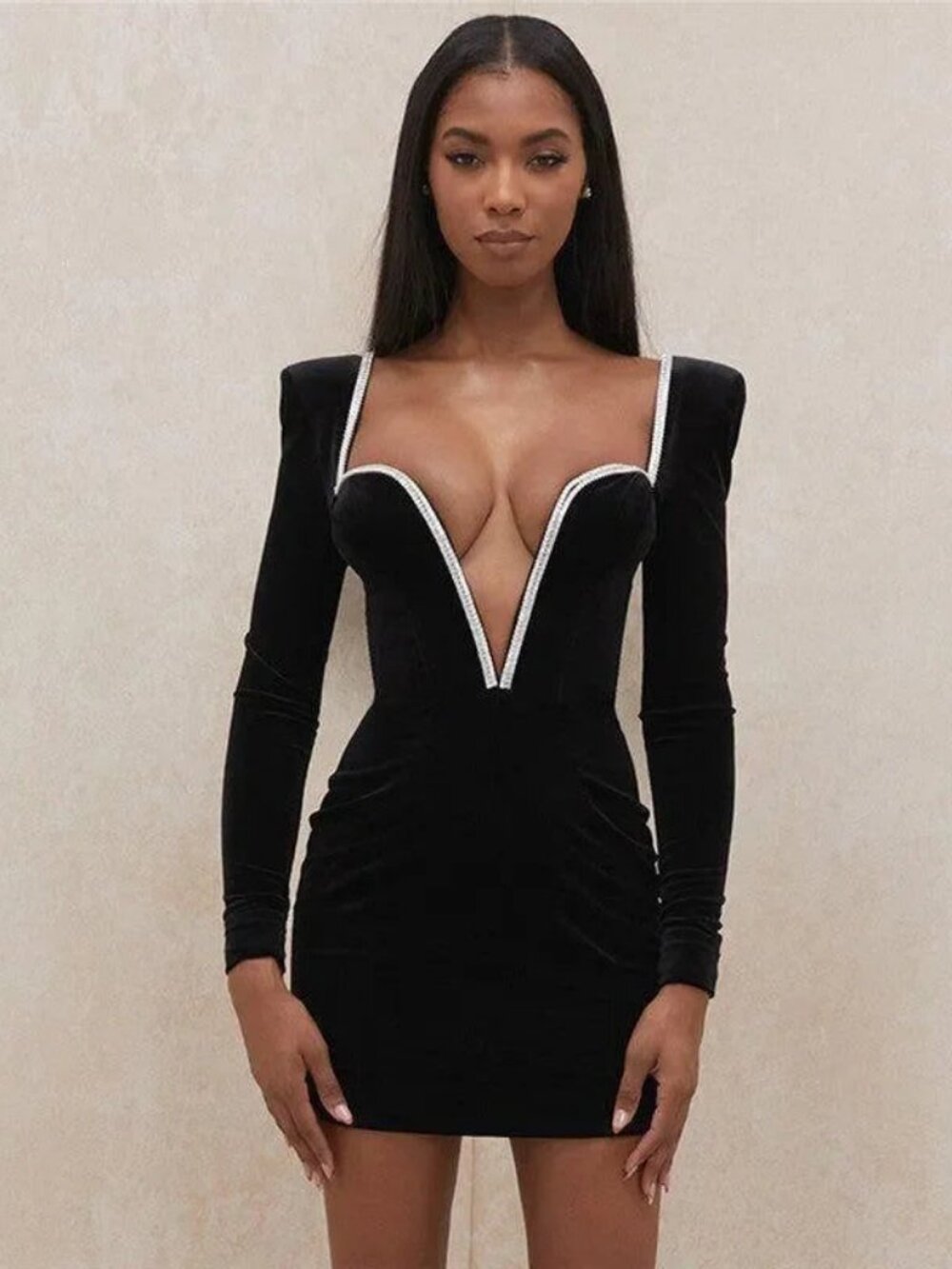 NWT Mermaid Way Black Velvet Mini Dress | Rhinestone Trim | Long Sleeve | XL